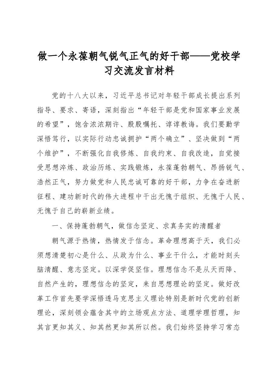 做一个永葆朝气锐气正气的好干部——党校学习交流发言材料.docx,第1页预览