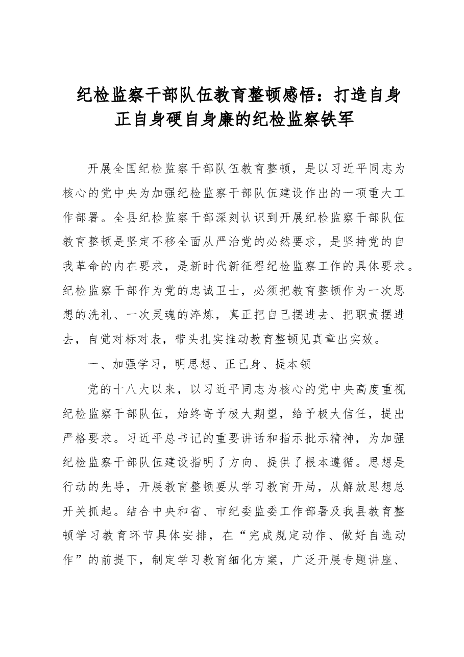 纪检监察干部队伍教育整顿感悟:打造自身正自身硬自身廉的纪检监察铁军.docx,第1页预览