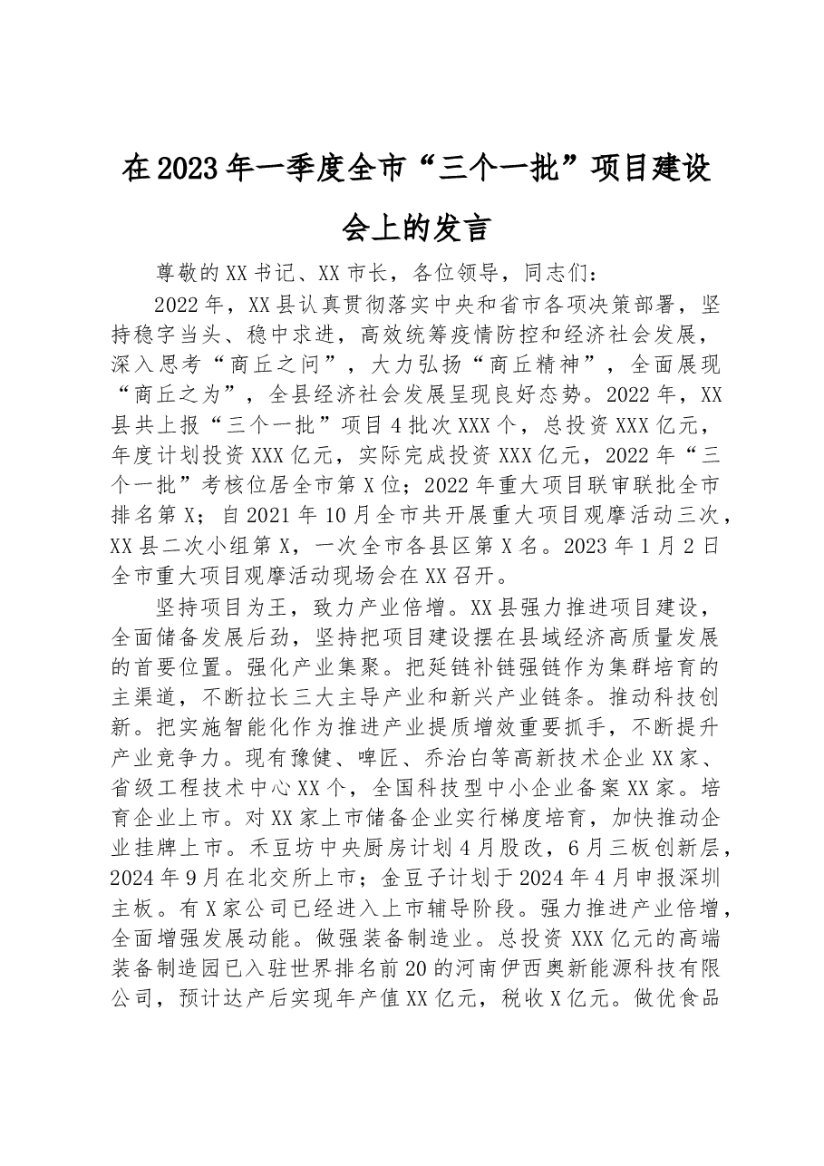 在2023年一季度全市“三个一批”项目建设会上的发言.docx,第1页预览