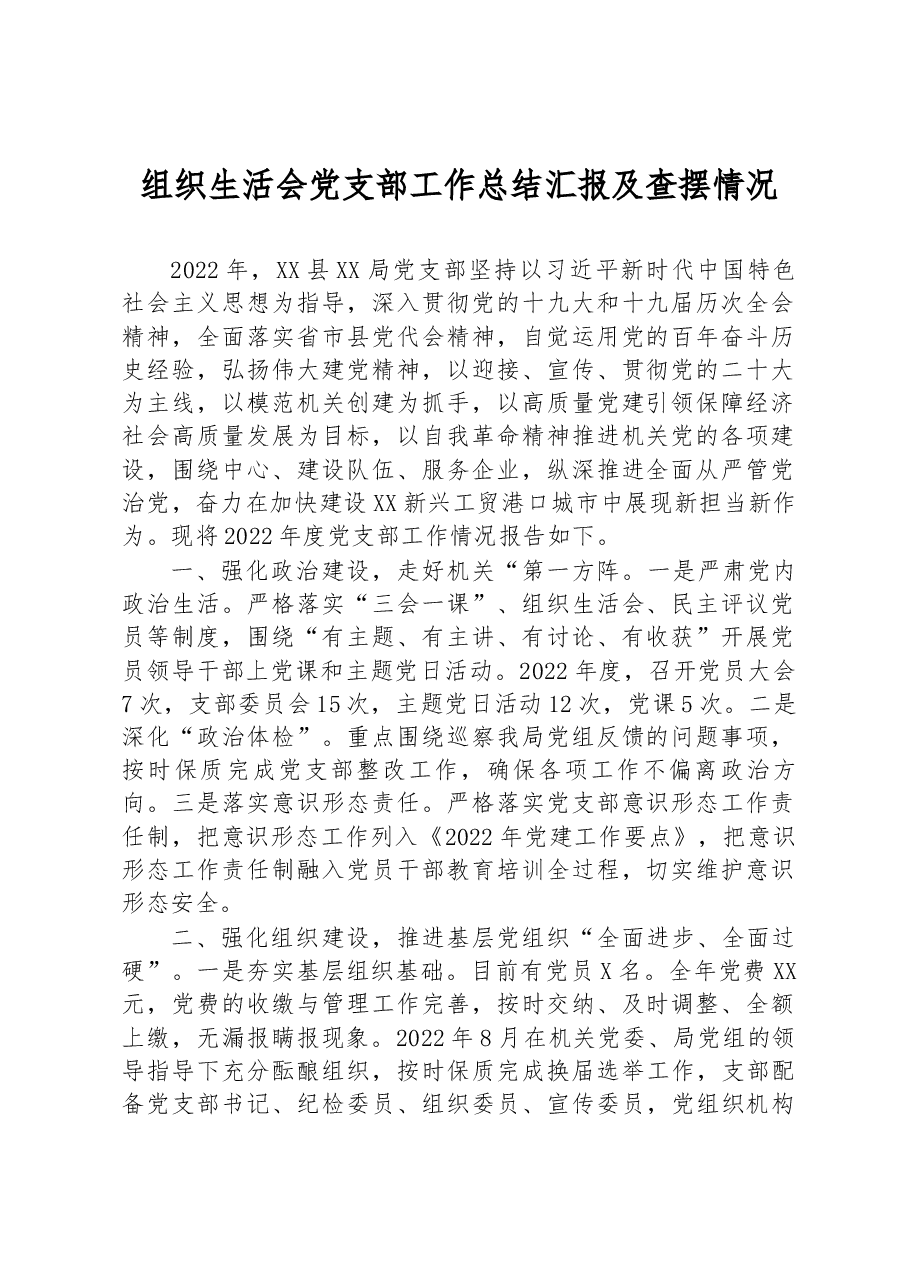 组织生活会党支部工作总结汇报及查摆情况.docx,第1页预览