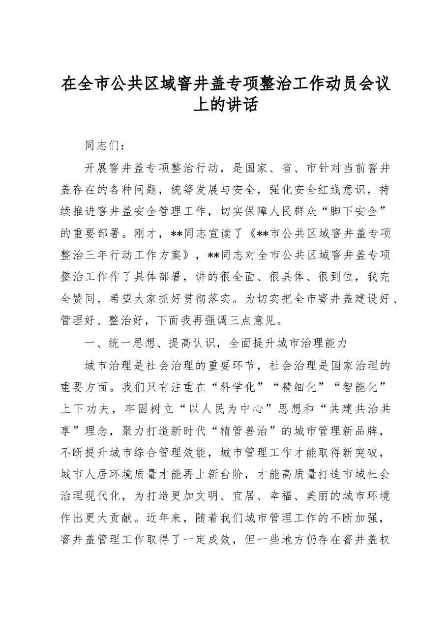 在全市公共区域窨井盖专项整治工作动员会议上的讲话.doc,第1页预览