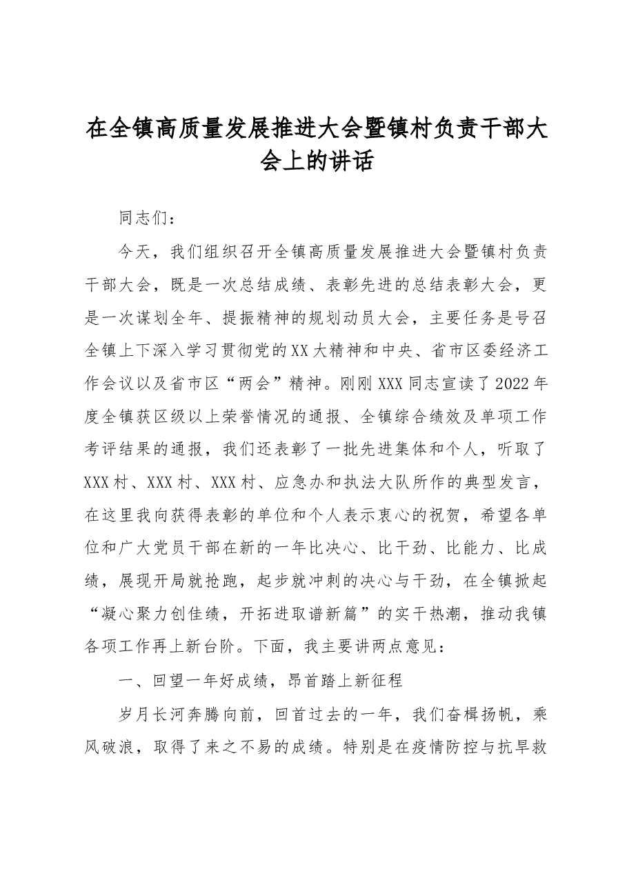 在全镇高质量发展推进大会暨镇村负责干部大会上的讲话.docx,第1页预览