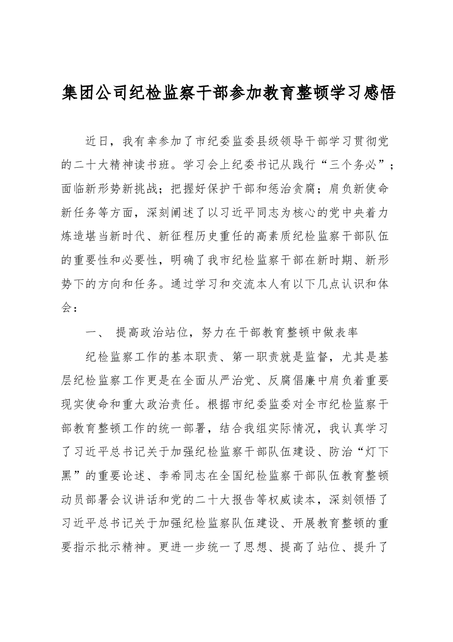 集团公司纪检监察干部参加教育整顿学习感悟.docx,第1页预览