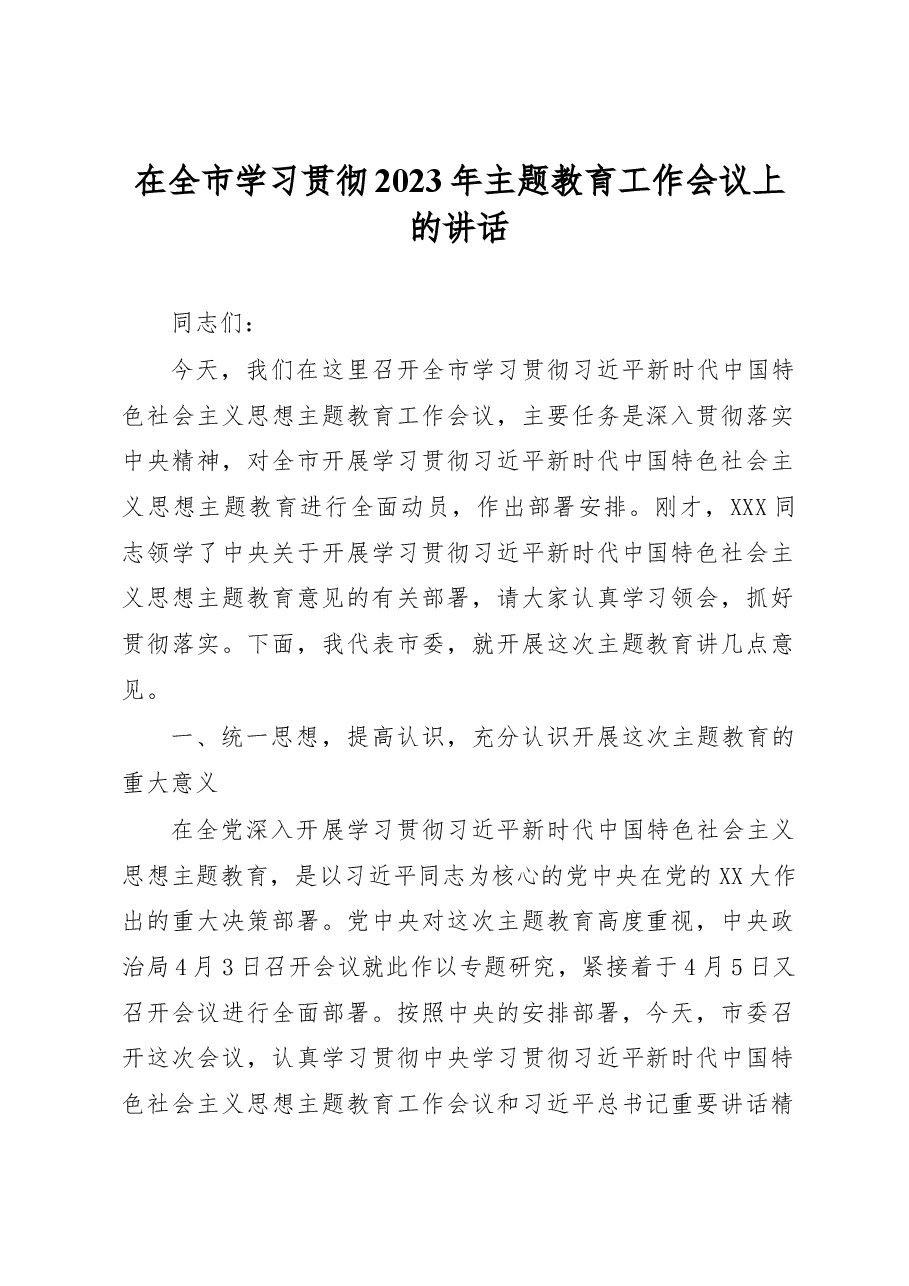 在全市学习贯彻2023年主题教育工作会议上的讲话.docx,第1页预览