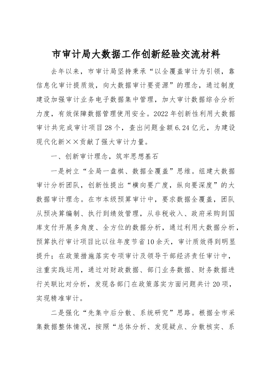 市审计局大数据工作创新经验交流材料.docx，第1页预览