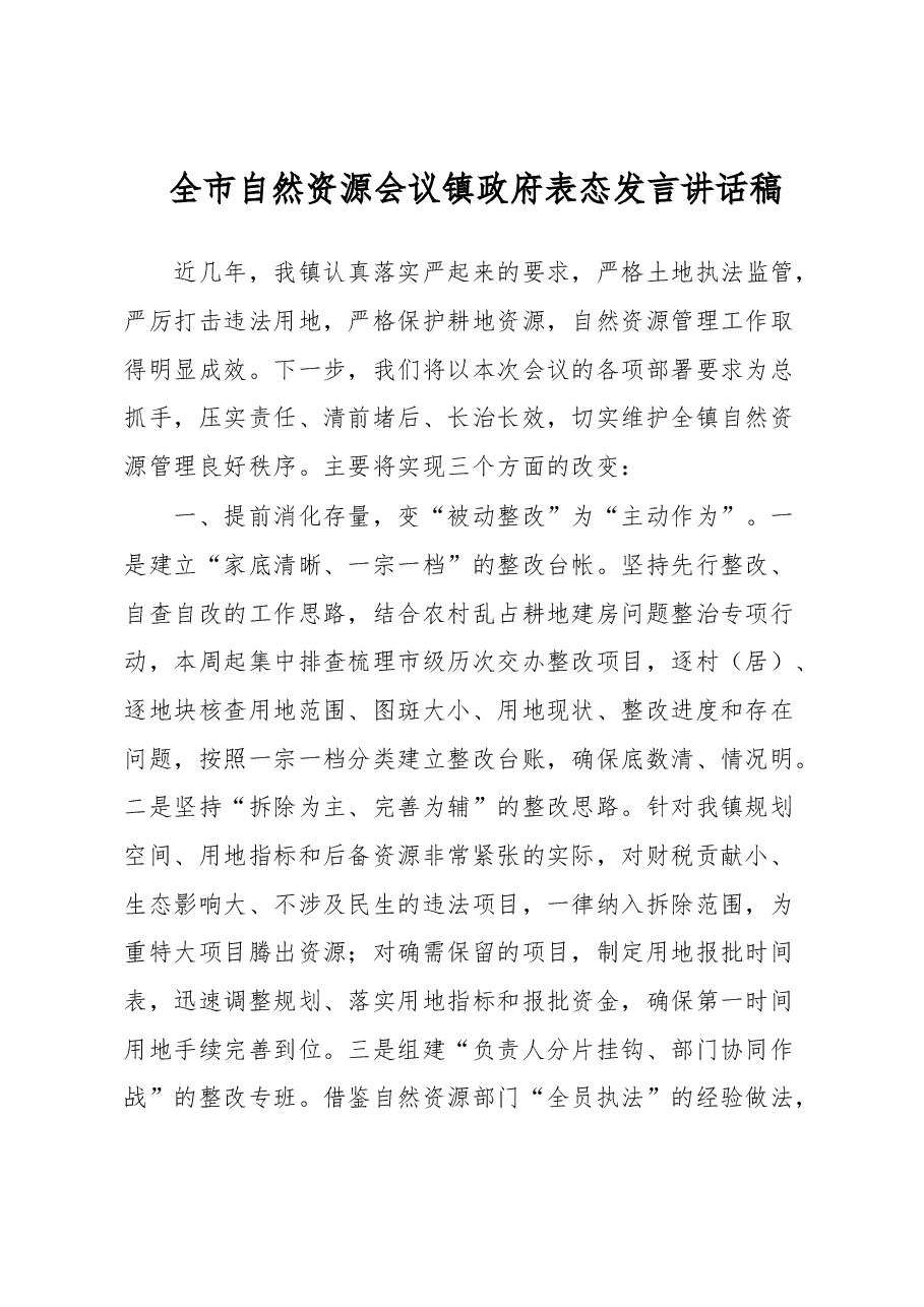 全市自然资源会议镇政府表态发言讲话稿.docx,第1页预览