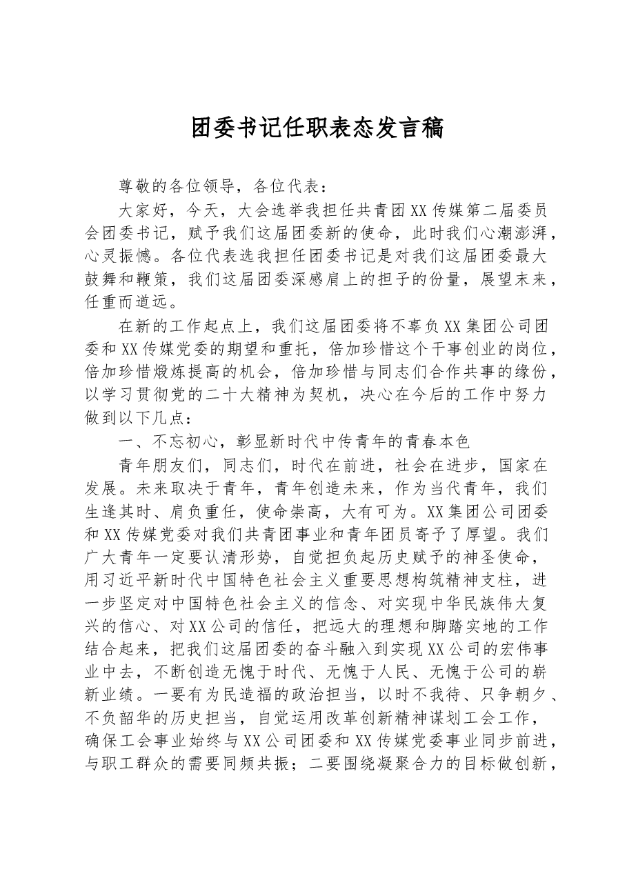 团委书记任职表态发言稿.docx,第1页预览