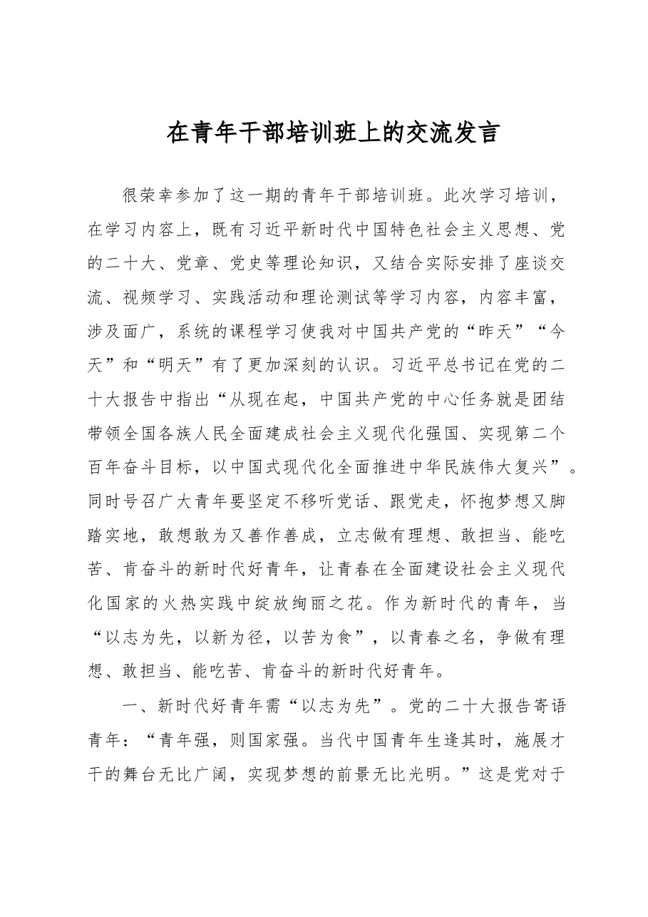 在青年干部培训班上的交流发言.docx,第1页预览