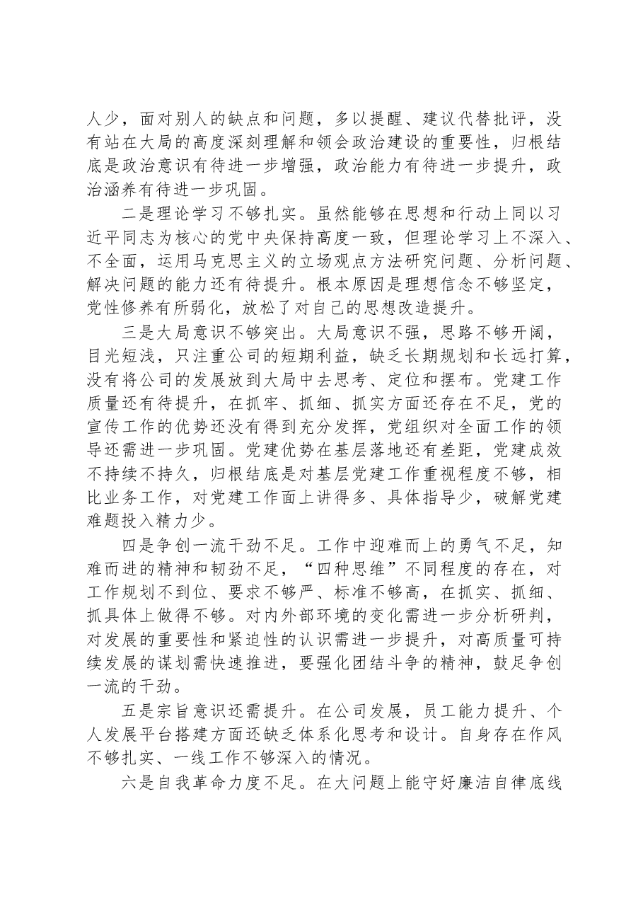公司党支部书记2022年度组织生活会个人对照检查材料.docx,第3页预览