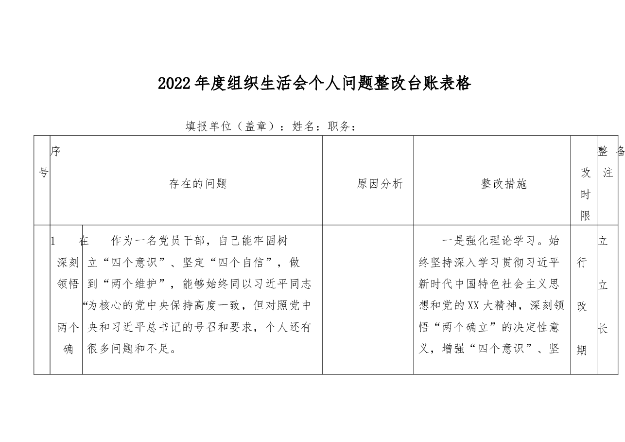 2022 年度组织生活会个人问题整改台账表格.docx,第1页预览