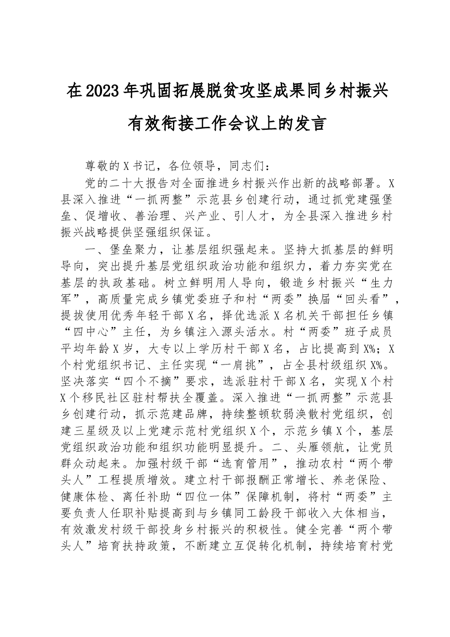 在2023年巩固拓展脱贫攻坚成果同乡村振兴有效衔接工作会议上的发言.docx,第1页预览