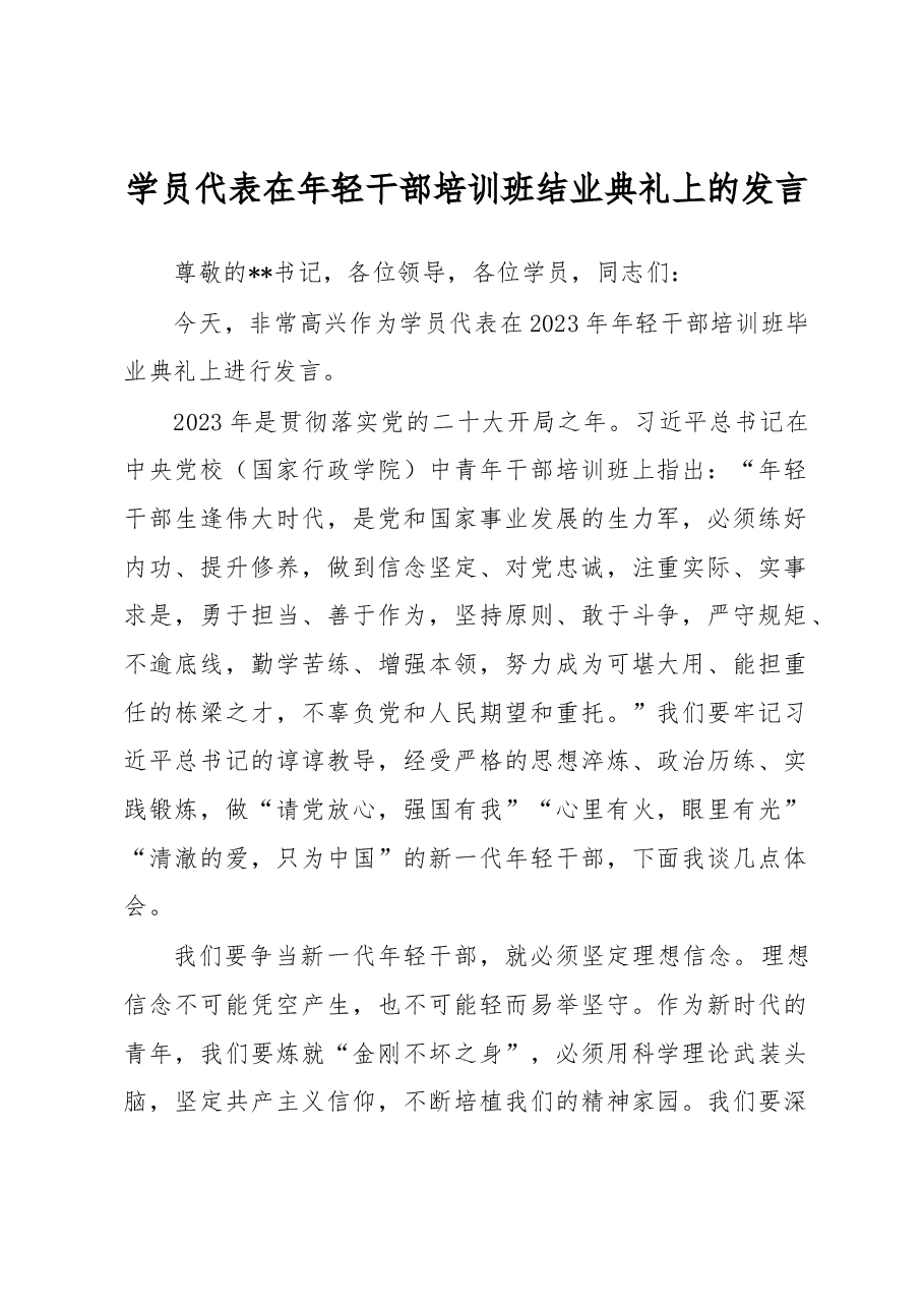 学员代表在年轻干部培训班结业典礼上的发言.docx,第1页预览