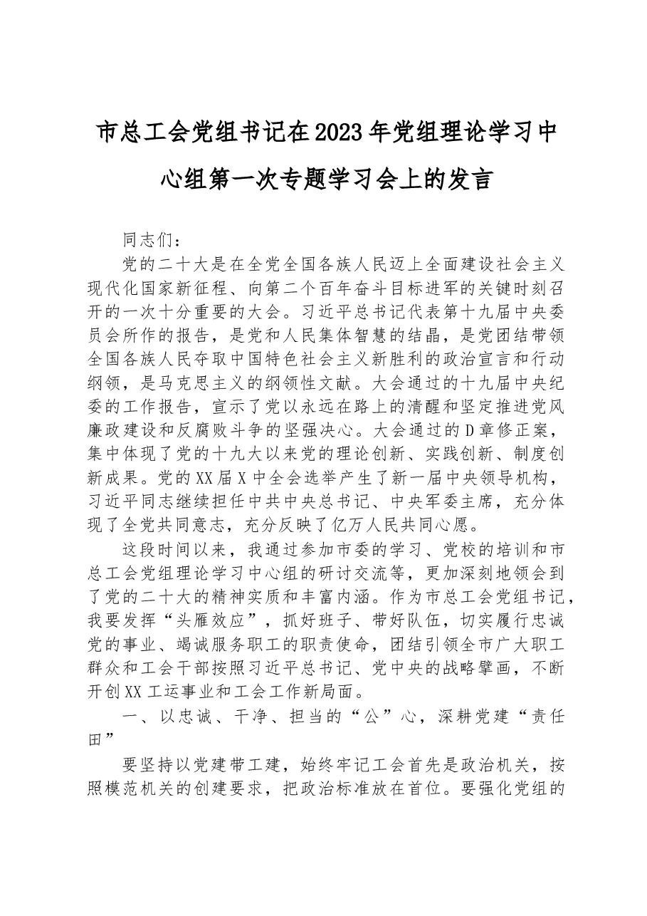 市总工会党组书记在2023年党组理论学习中心组第一次专题学习会上的发言.docx,第1页预览