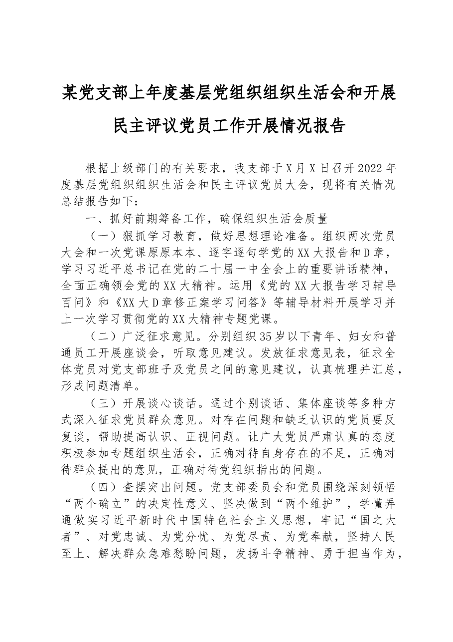 某党支部上年度基层党组织组织生活会和开展民主评议党员工作开展情况报告.docx,第1页预览