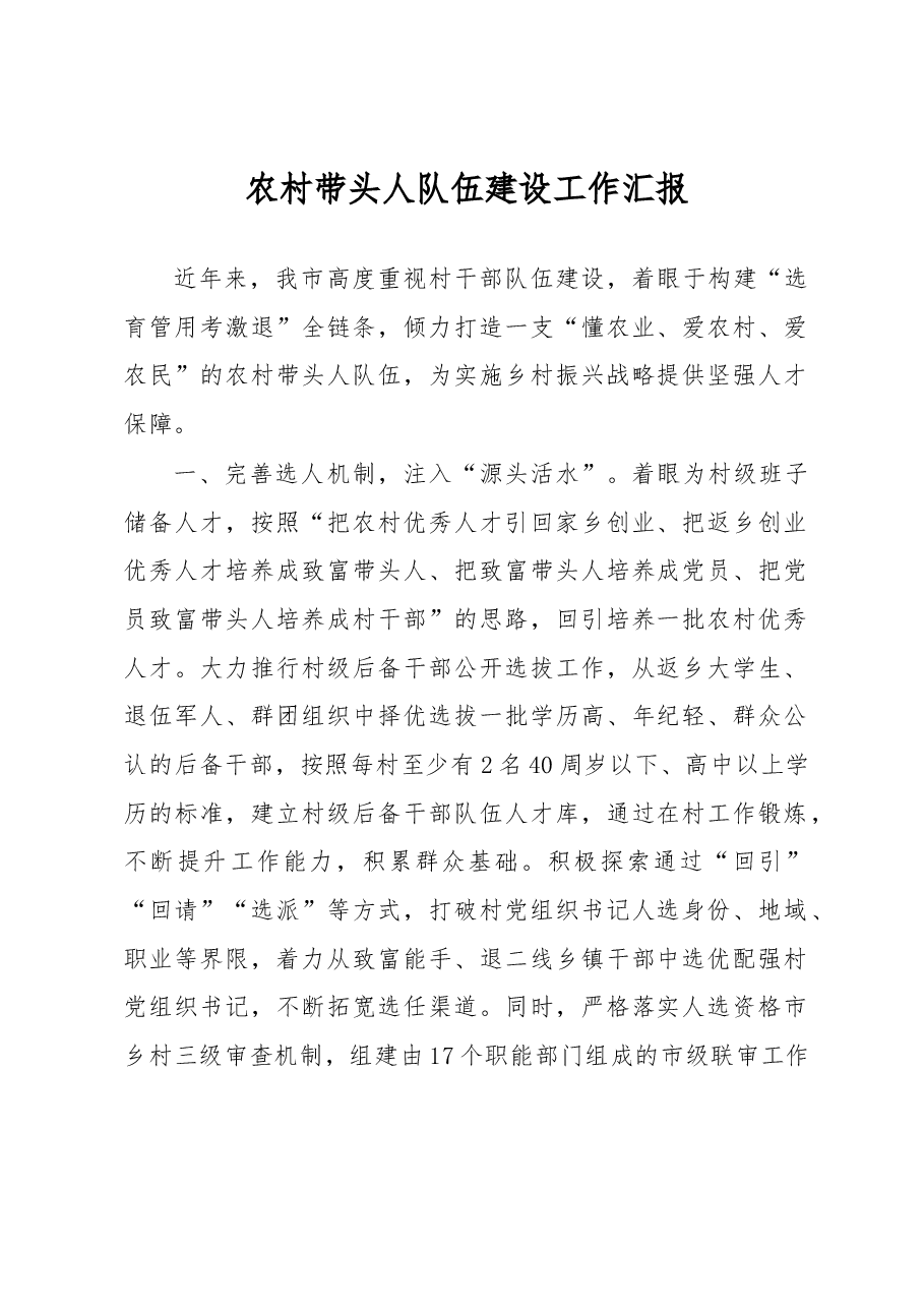 农村带头人队伍建设工作汇报.docx,第1页预览