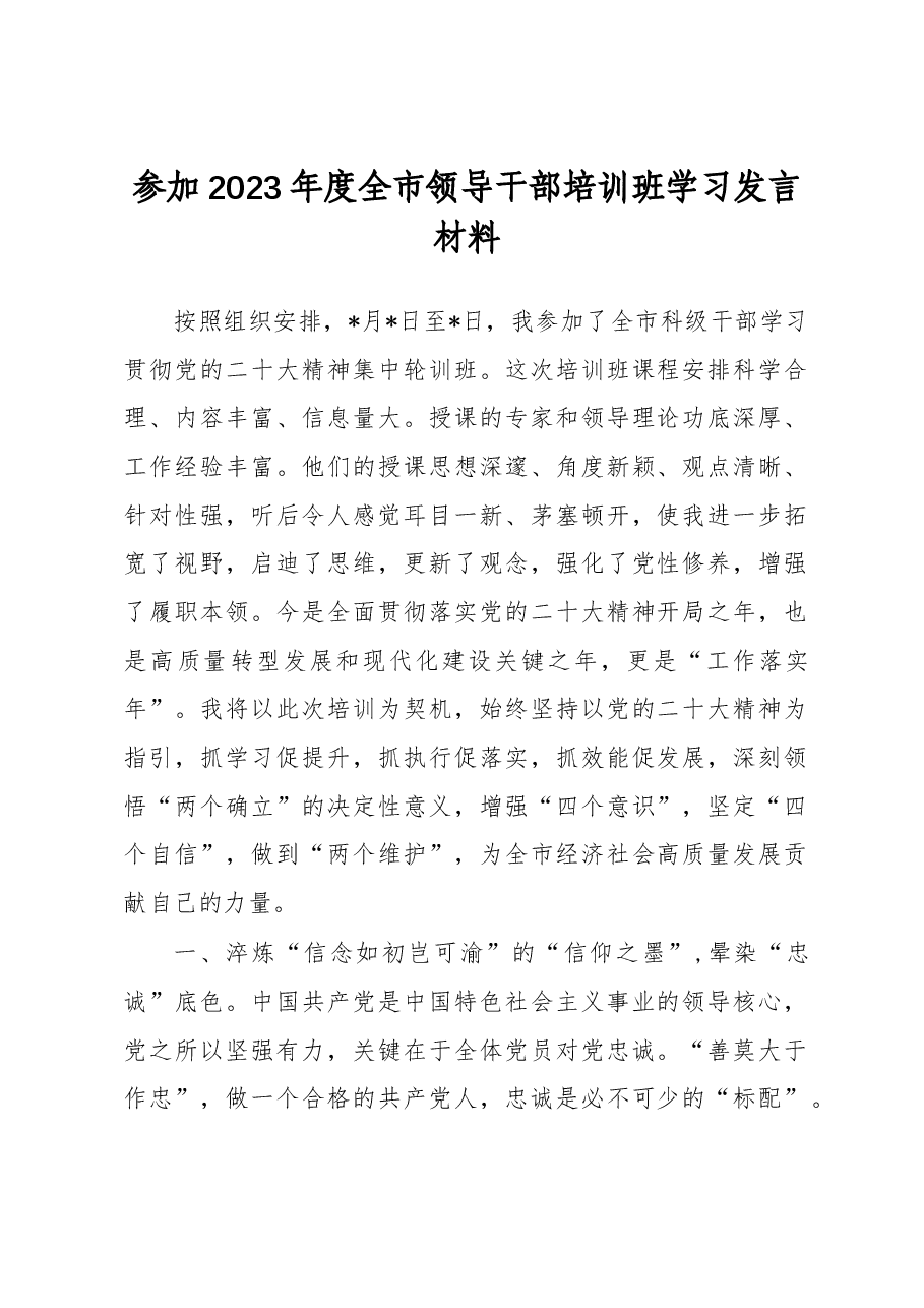 参加2023年度全市领导干部培训班学习发言材料.docx，第1页预览