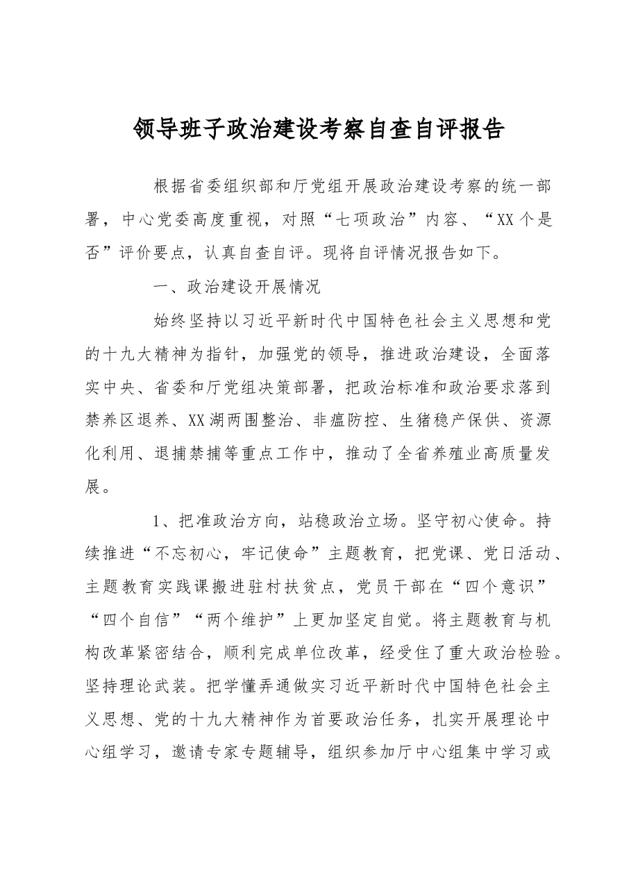领导班子政治建设考察自查自评报告.docx,第1页预览