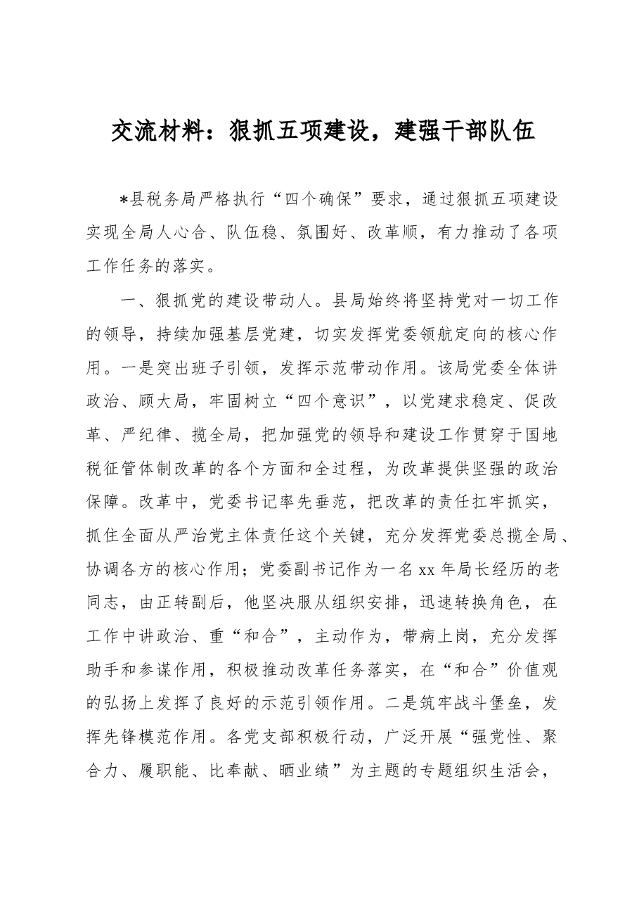 交流材料:狠抓五项建设,建强干部队伍.docx,第1页预览