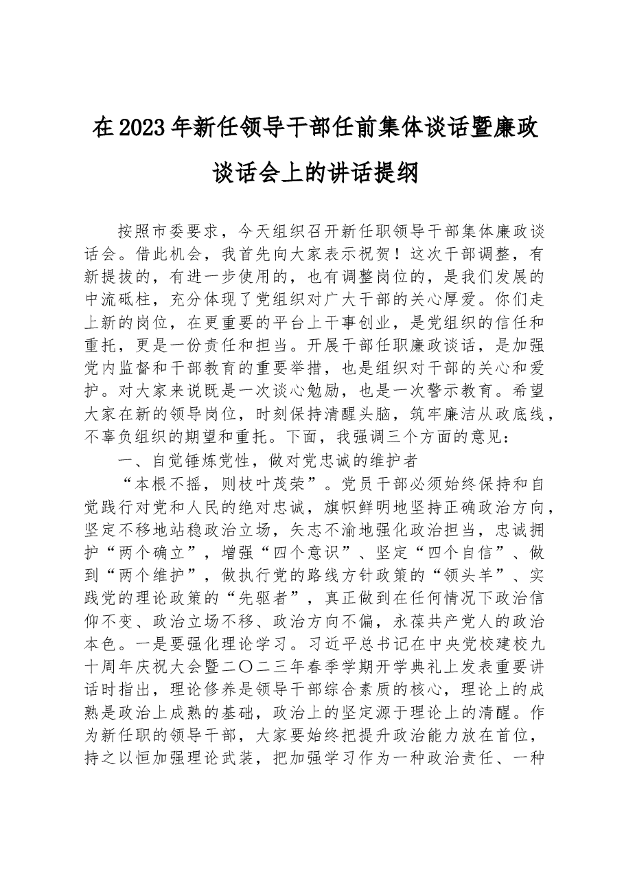 在2023年新任领导干部任前集体谈话暨廉政谈话会上的讲话提纲.docx,第1页预览