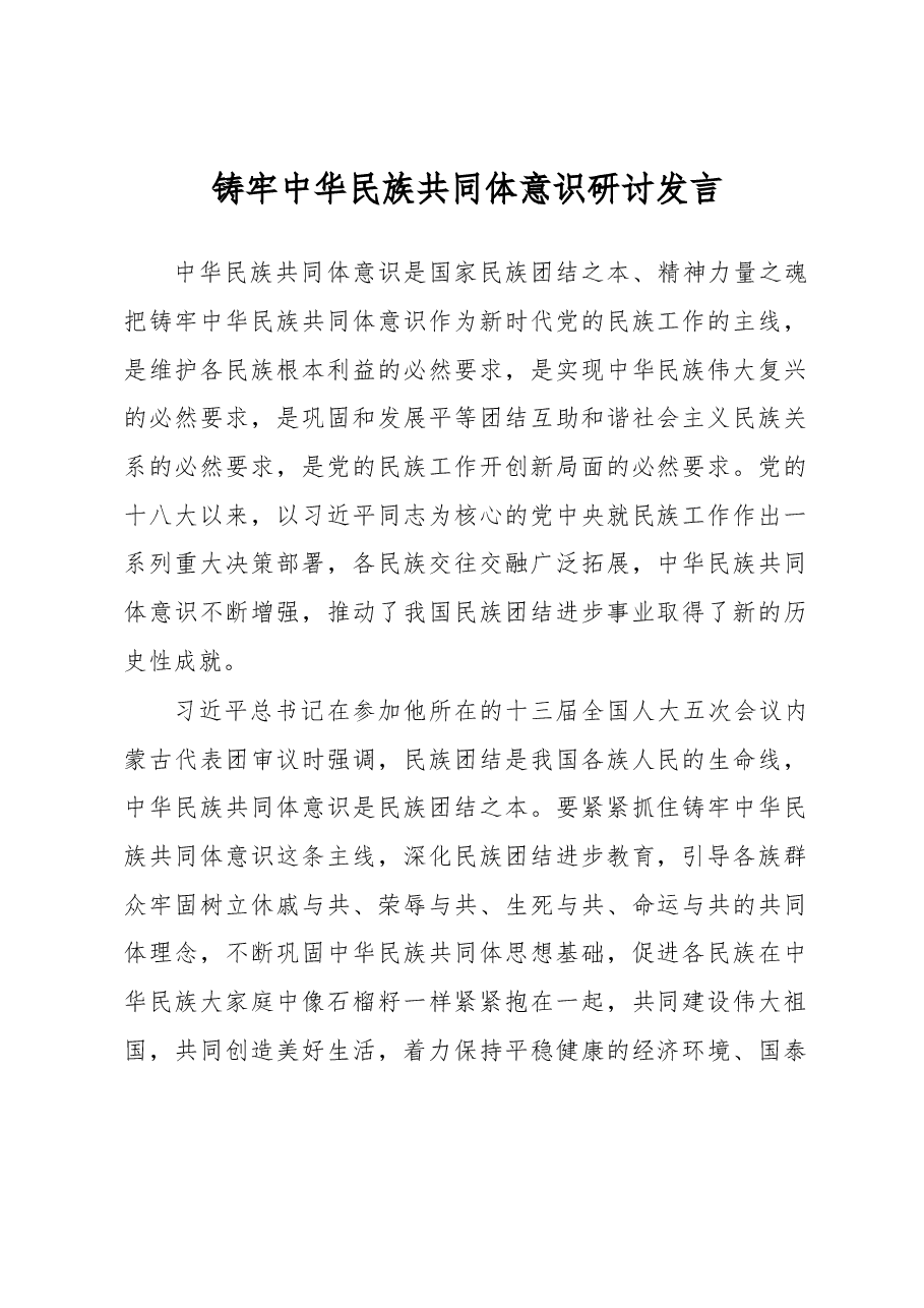 铸牢中华民族共同体意识研讨发言.docx,第1页预览