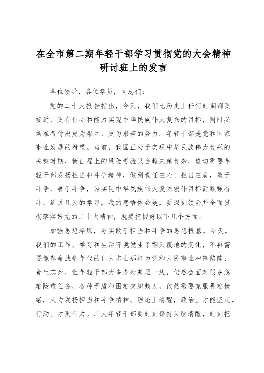 在全市第二期年轻干部学习贯彻党的大会精神研讨班上的发言.docx,第1页预览