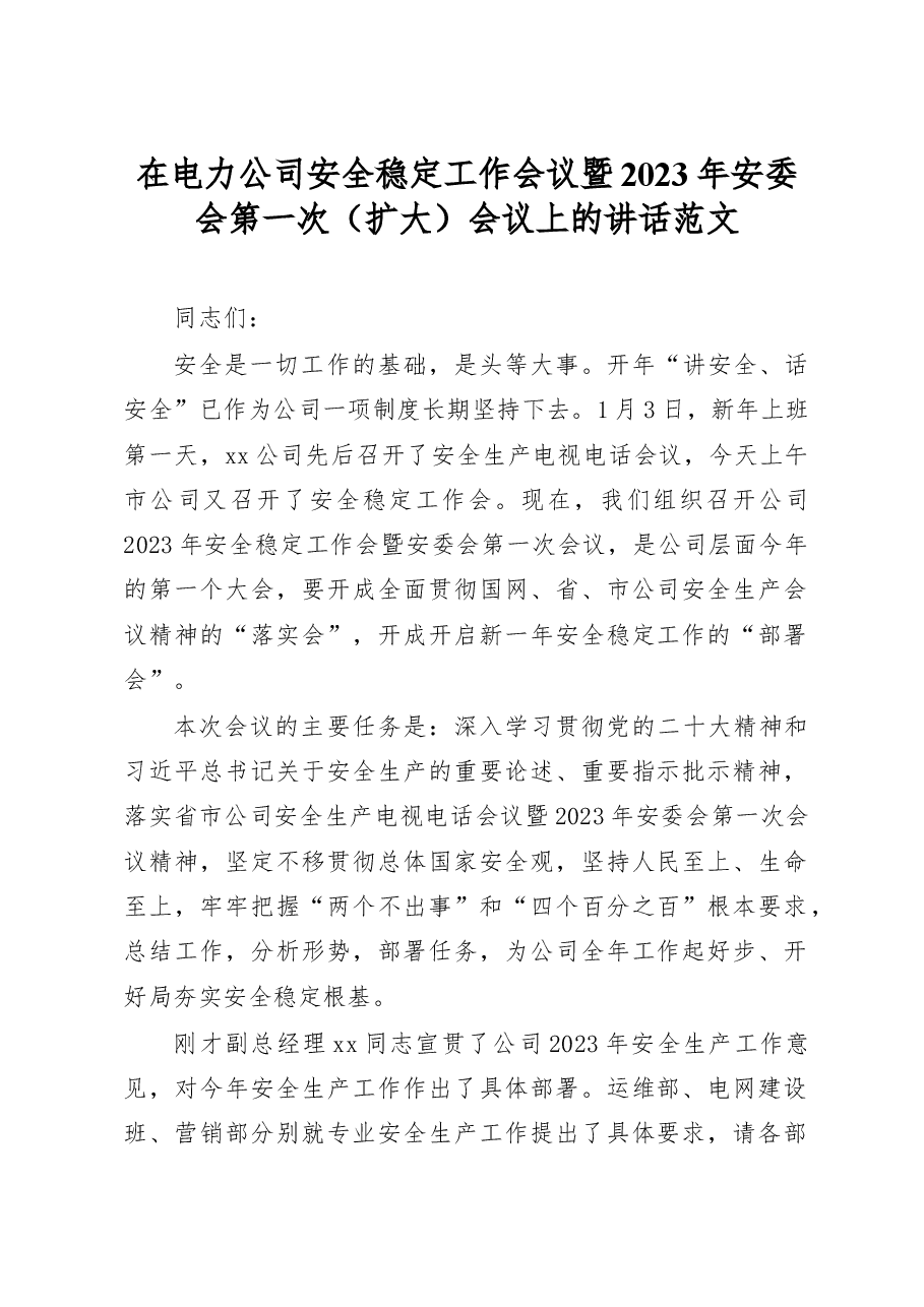 在电力公司安全稳定工作会议暨2023年安委会第一次(扩大)会议上的讲话范文.docx,第1页预览