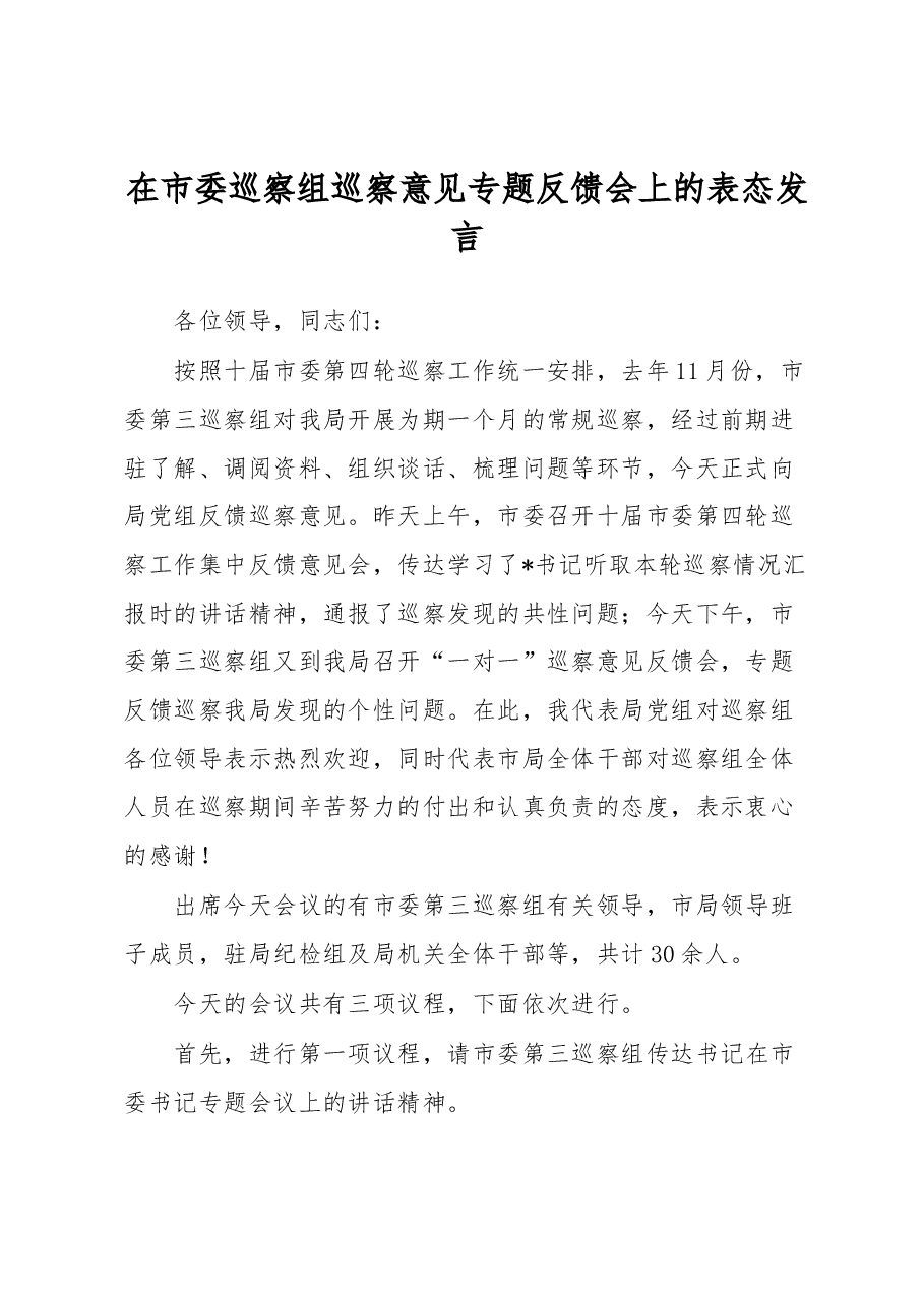 在市委巡察组巡察意见专题反馈会上的表态发言.docx,第1页预览