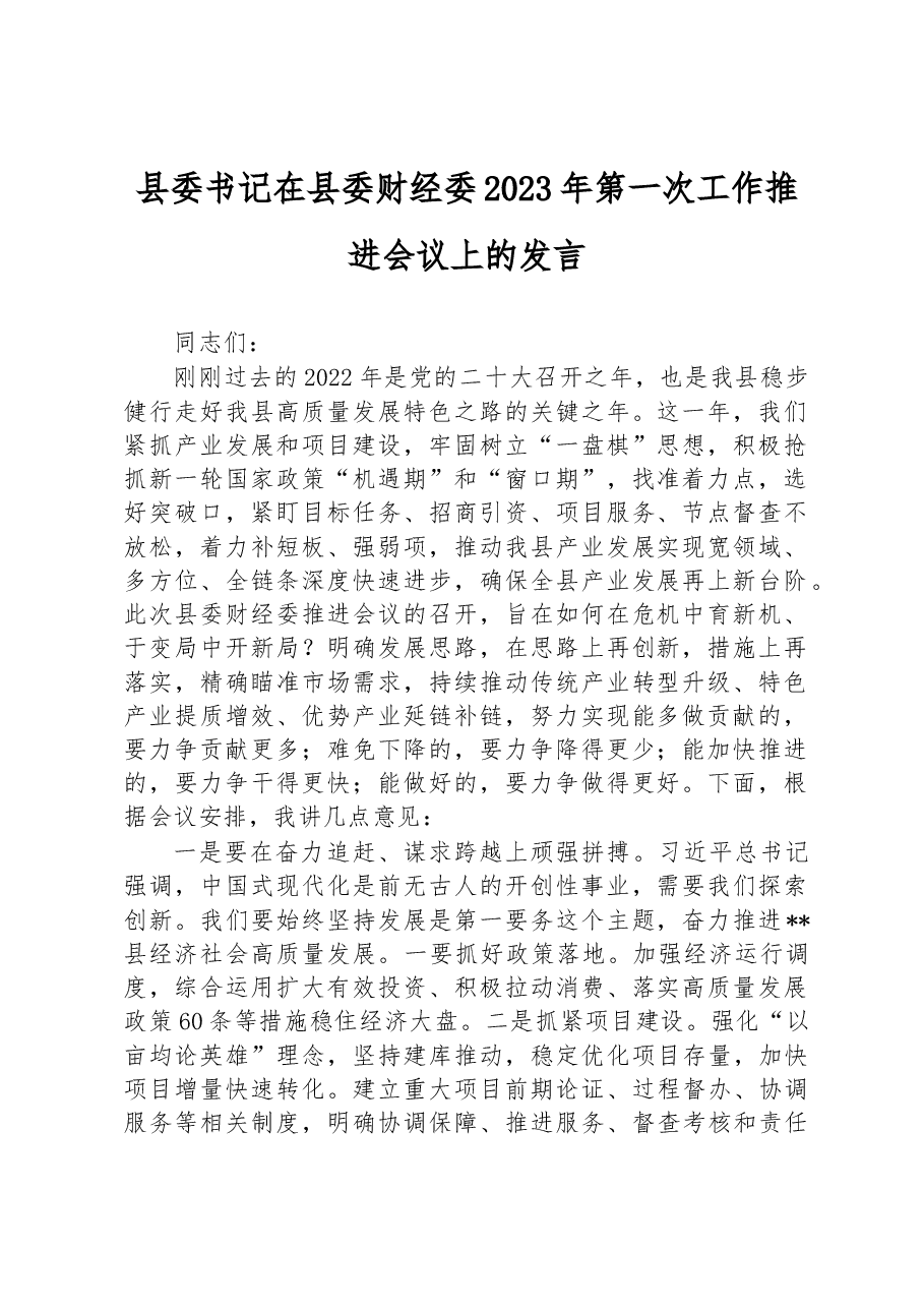 县委书记在县委财经委2023年第一次工作推进会议上的发言.docx,第1页预览
