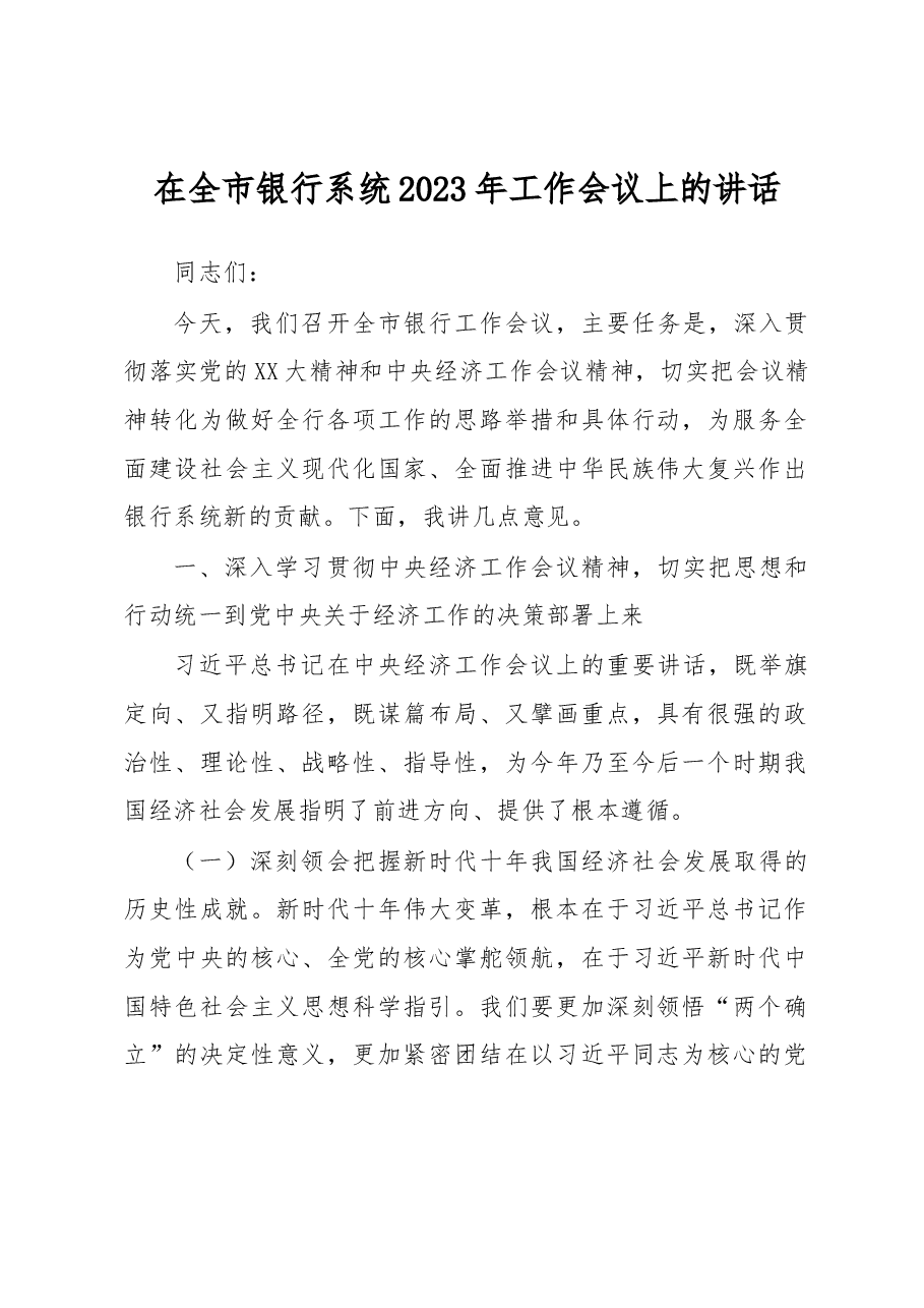 在全市银行系统2023年工作会议上的讲话.docx,第1页预览