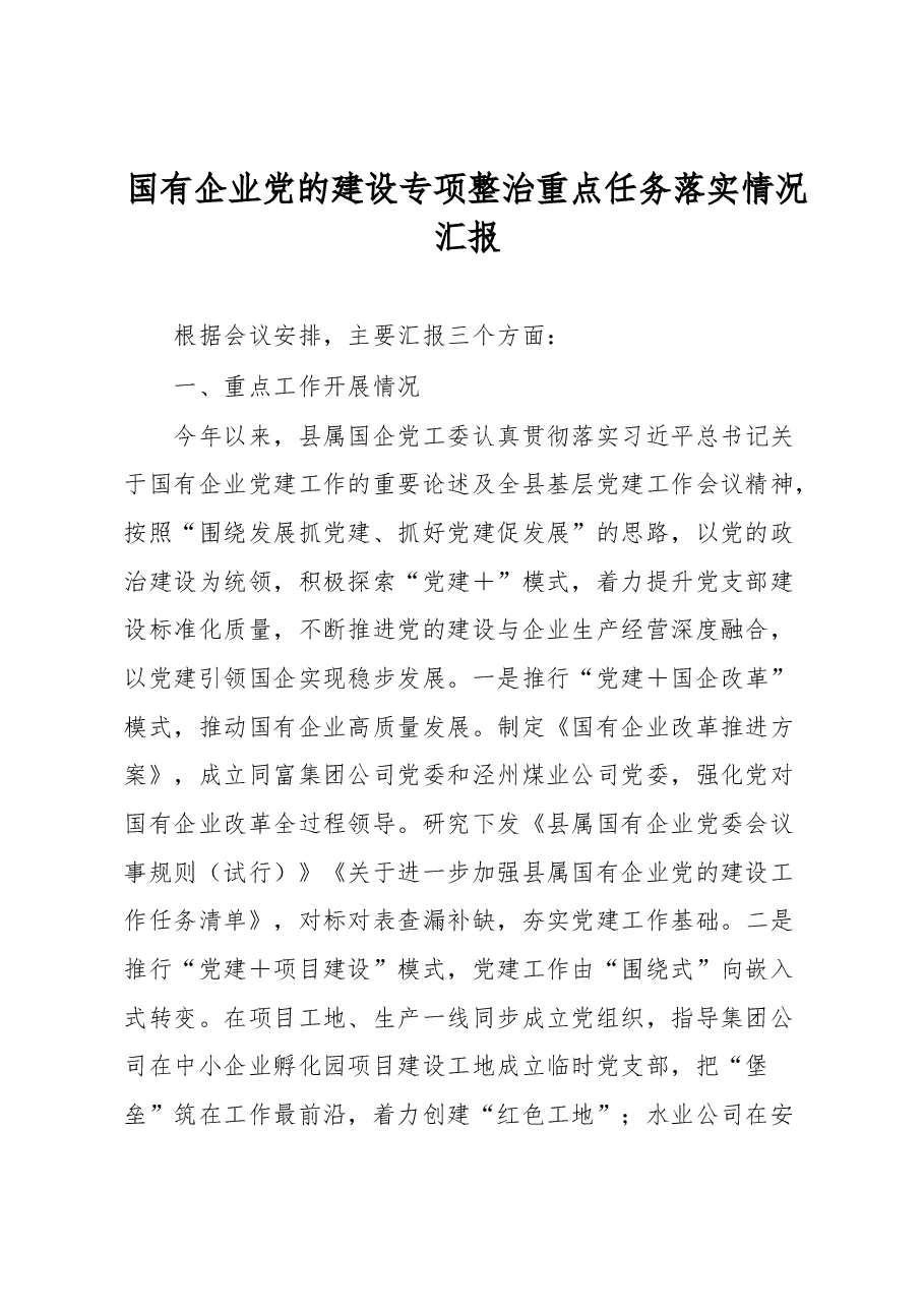 国有企业党的建设专项整治重点任务落实情况汇报.docx,第1页预览
