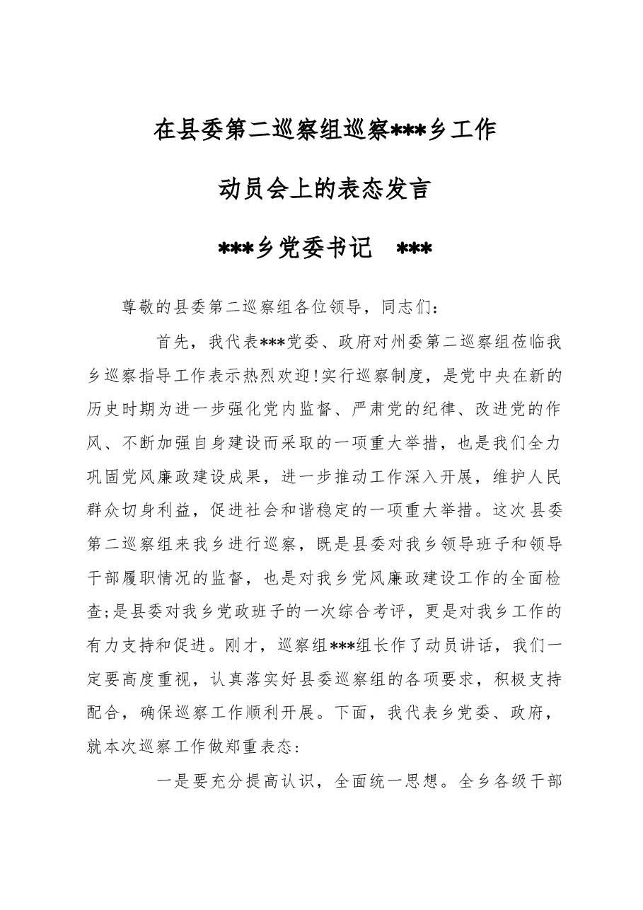 被巡察乡镇领导表态发言.doc,第1页预览