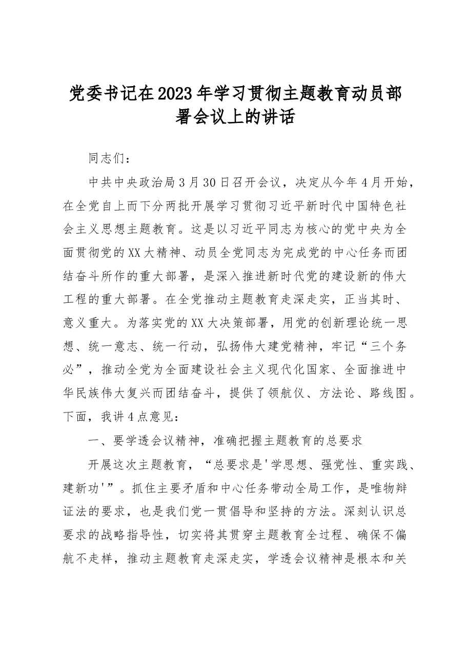 党委书记在2023年学习贯彻主题教育动员部署会议上的讲话.docx,第1页预览