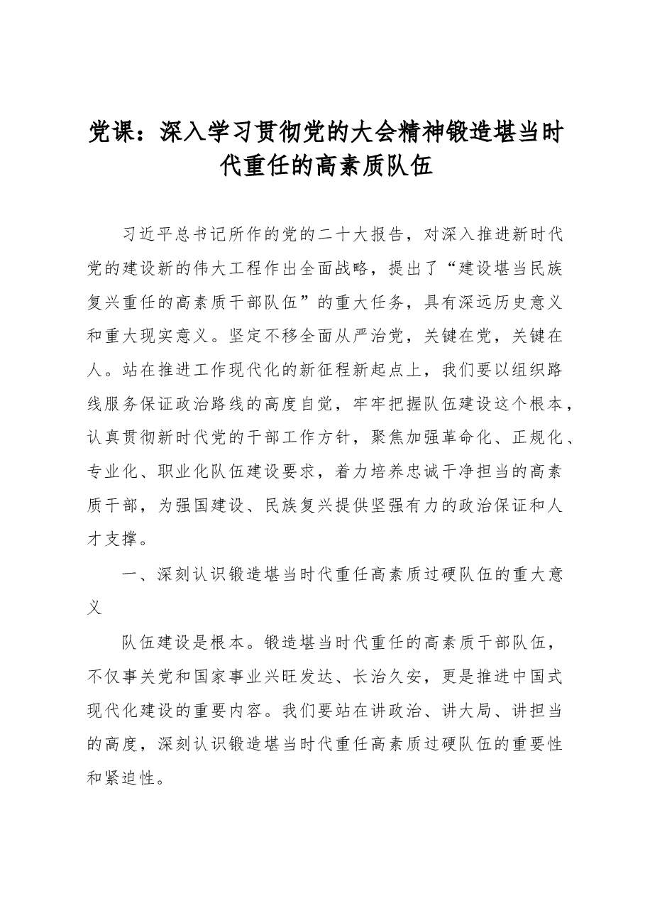 党课:深入学习贯彻党的大会精神锻造堪当时代重任的高素质队伍.docx,第1页预览