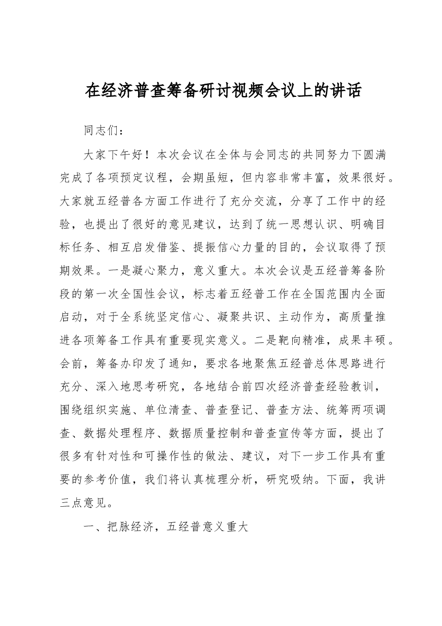 在经济普查筹备研讨视频会议上的讲话.docx,第1页预览