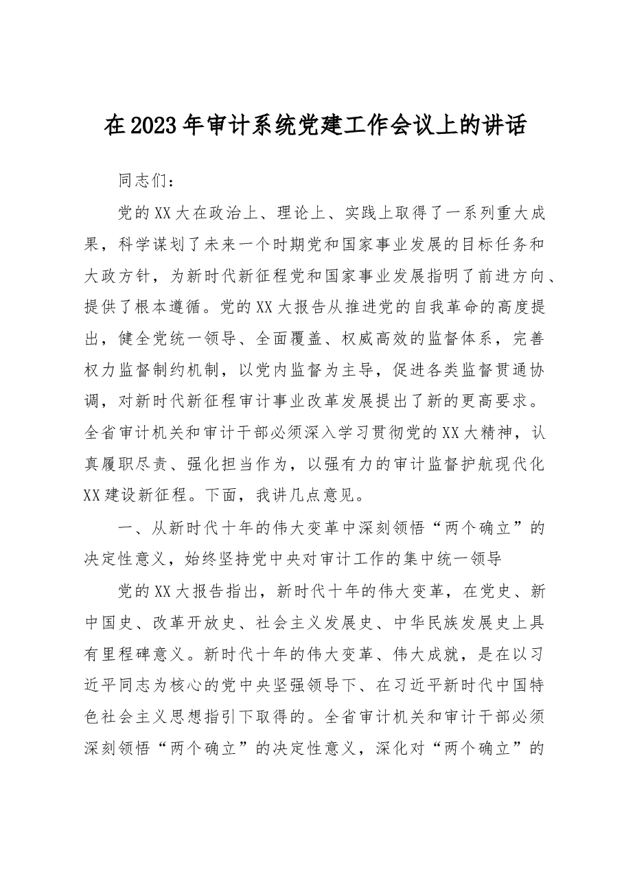 在2023年审计系统党建工作会议上的讲话.docx,第1页预览