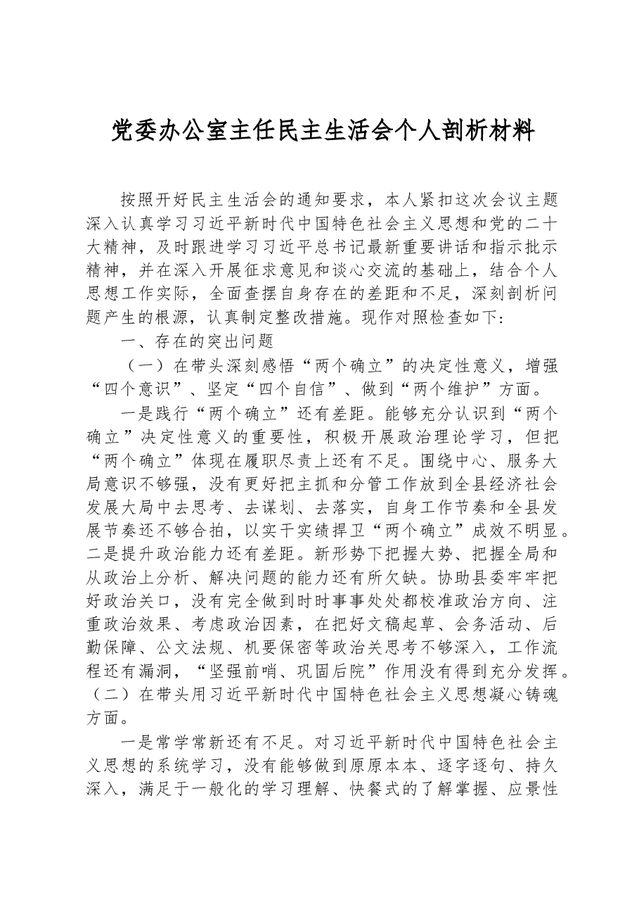 党委办公室主任2022年度民主生活会个人剖析材料.docx,第1页预览