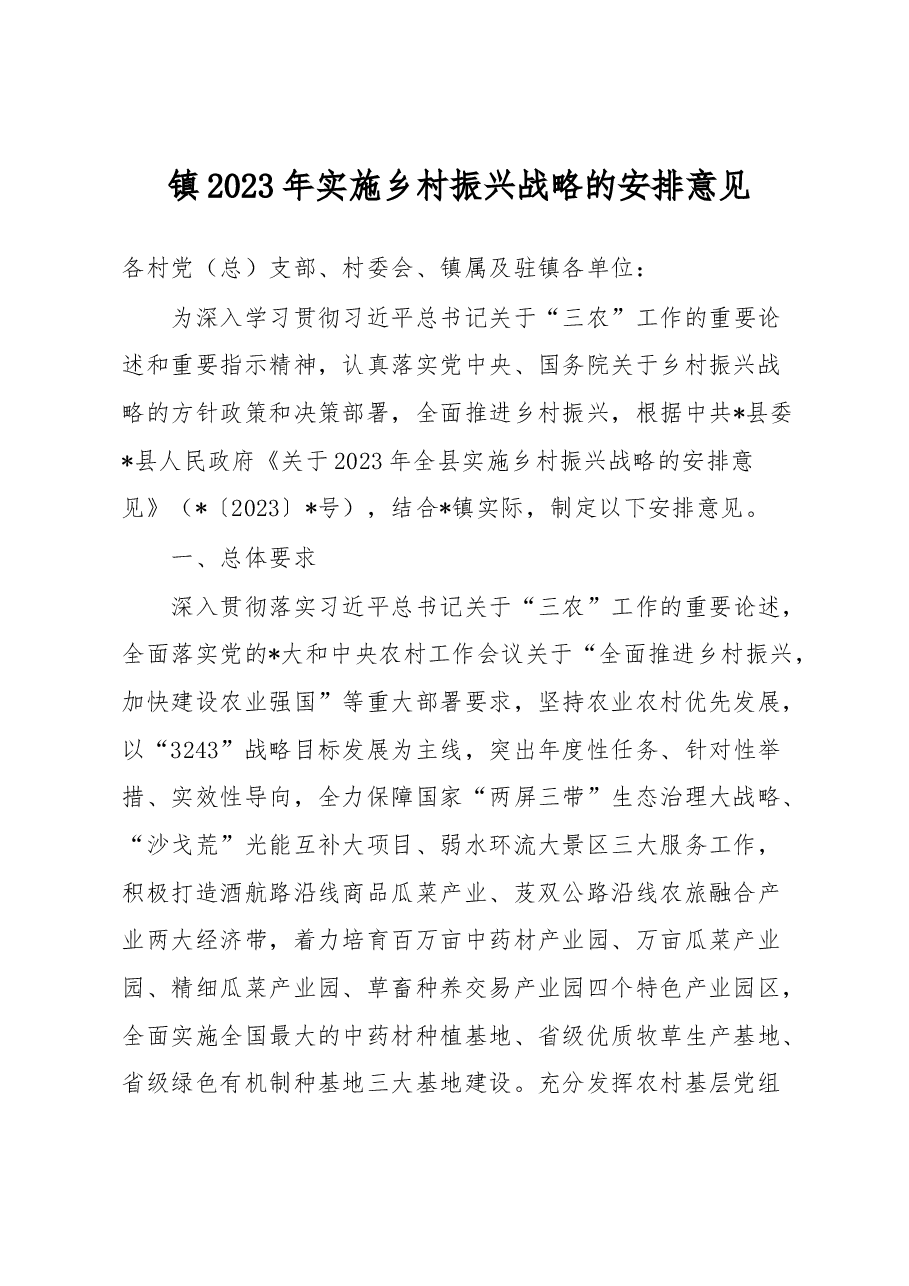 镇2023年实施乡村振兴战略的安排意见.docx,第1页预览
