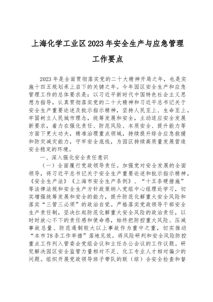 上海化学工业区2023年安全生产与应急管理工作要点.docx,第1页预览