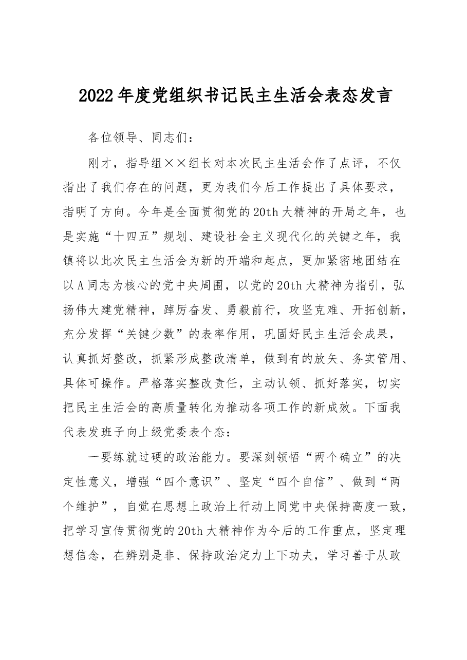 2022年度党组织书记民主生活会表态发言.docx,第1页预览