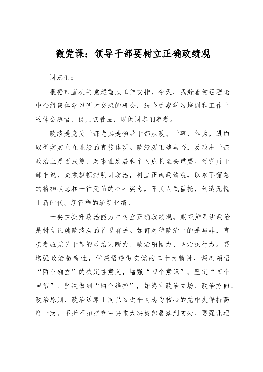 微党课:领导干部要树立正确政绩观.docx,第1页预览