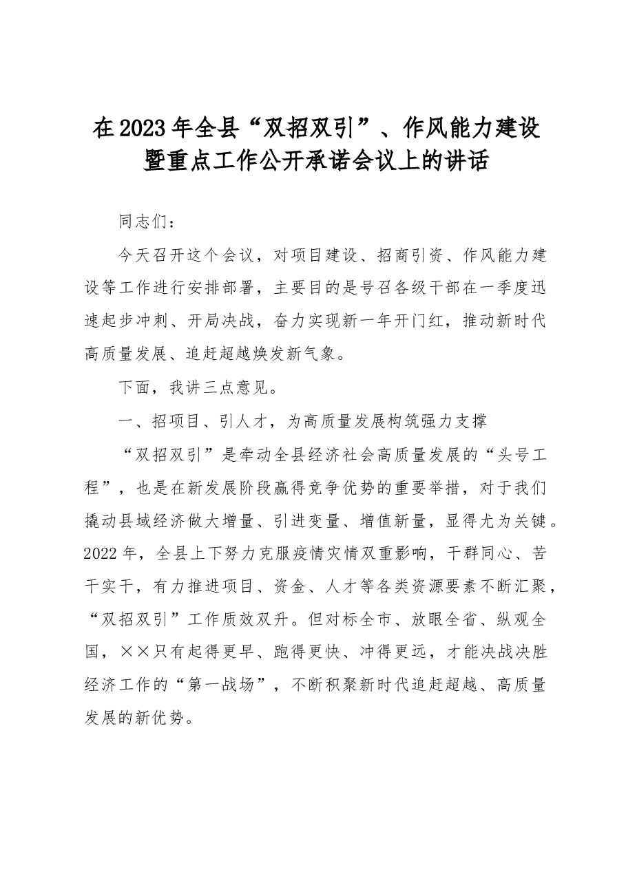 在2023年全县“双招双引”、作风能力建设暨重点工作公开承诺会议上的讲话.docx，第1页预览