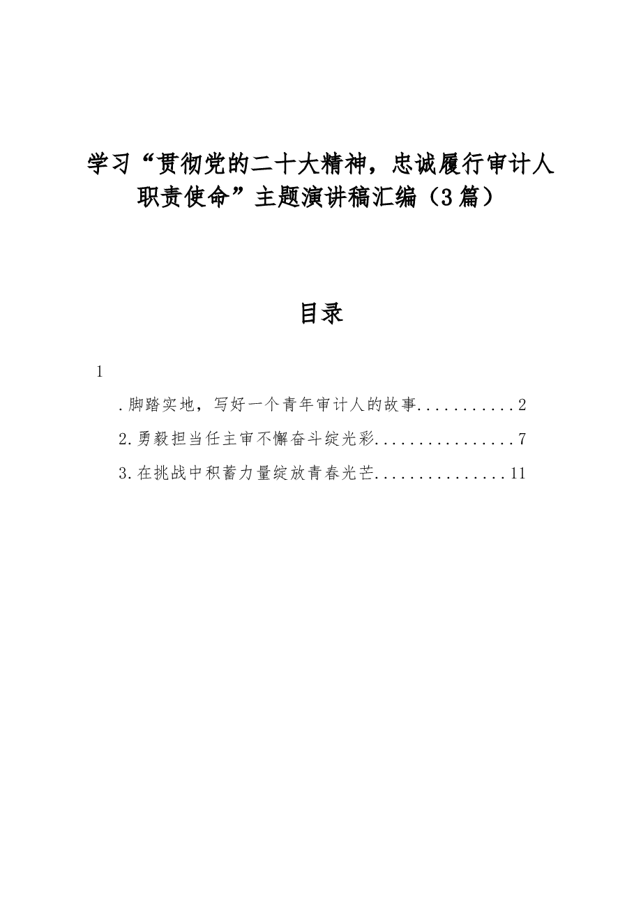 （3篇）学习“贯彻党的二十大精神，忠诚履行审计人职责使命”主题演讲稿汇编.docx，第1页预览