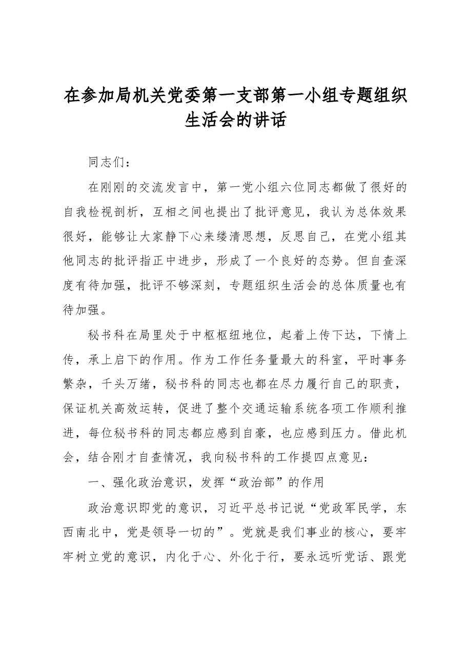 在参加局机关党委第一支部第一小组专题组织生活会的讲话.docx，第1页预览