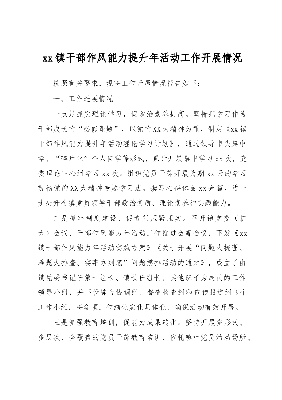 xx镇干部作风能力提升年活动工作开展情况.docx,第1页预览