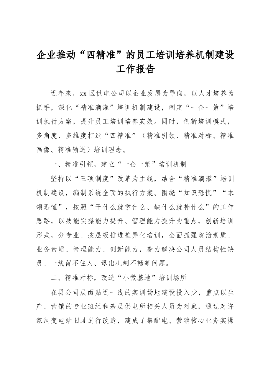 企业推动“四精准”的员工培训培养机制建设工作报告.docx,第1页预览