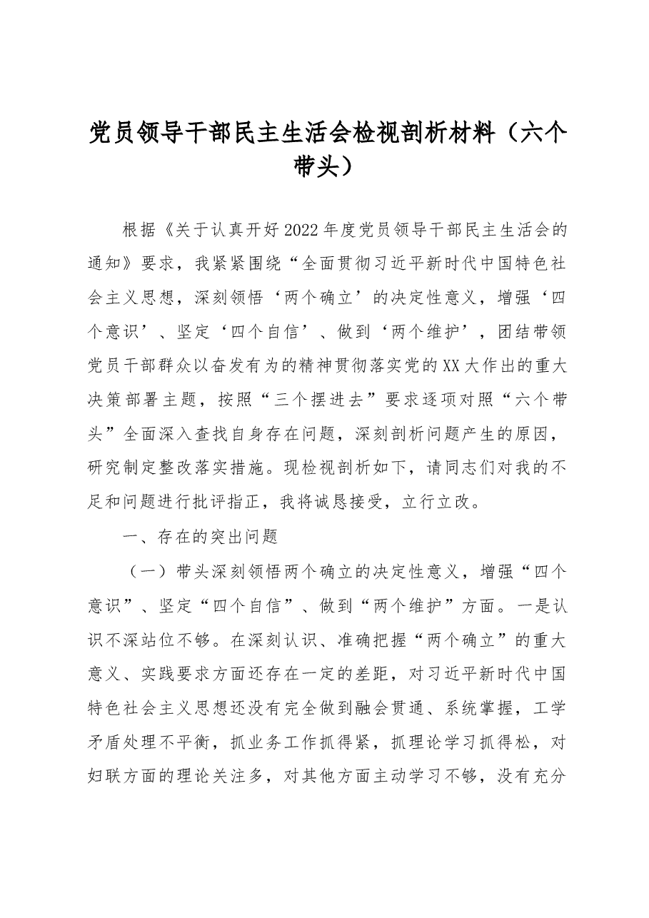 党员领导干部民主生活会检视剖析材料.docx,第1页预览