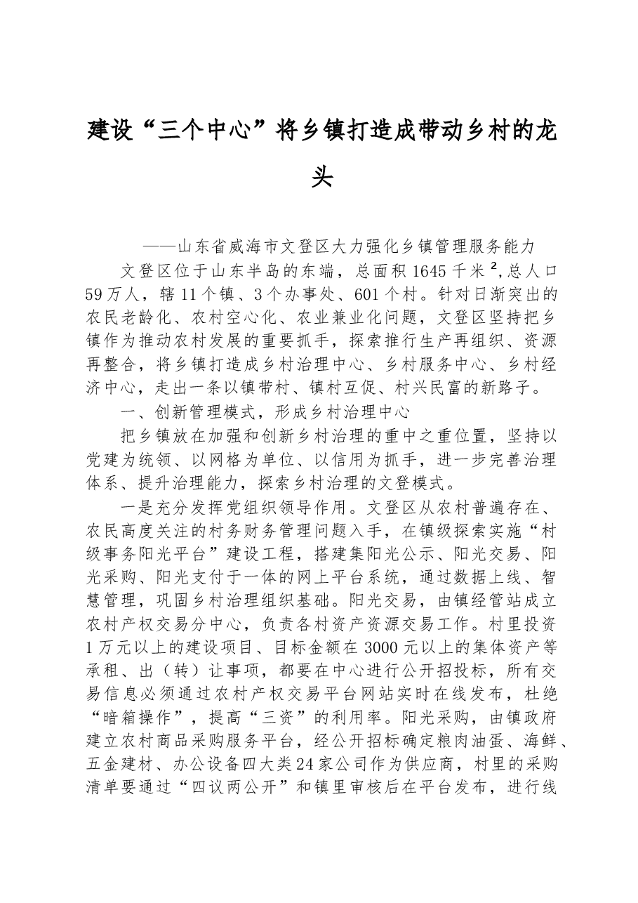 第二批全国乡村治理典型案例建设“三个中心” 将乡镇打造成带动乡村的龙头.docx，第1页预览