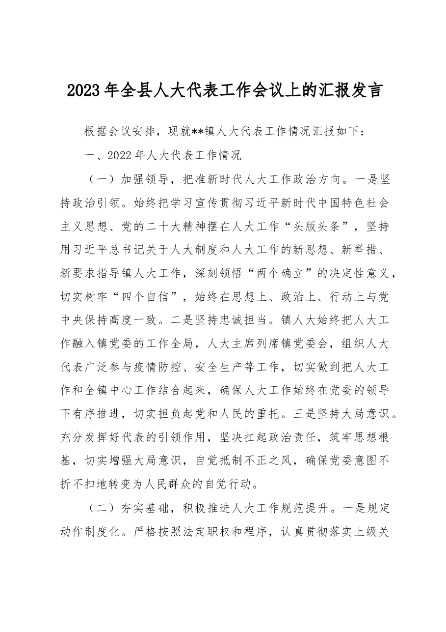 2023年全县人大代表工作会议上的汇报发言.docx,第1页预览