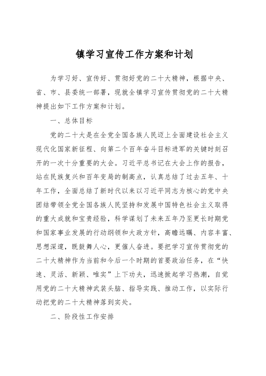 镇学习宣传工作方案和计划.docx,第1页预览