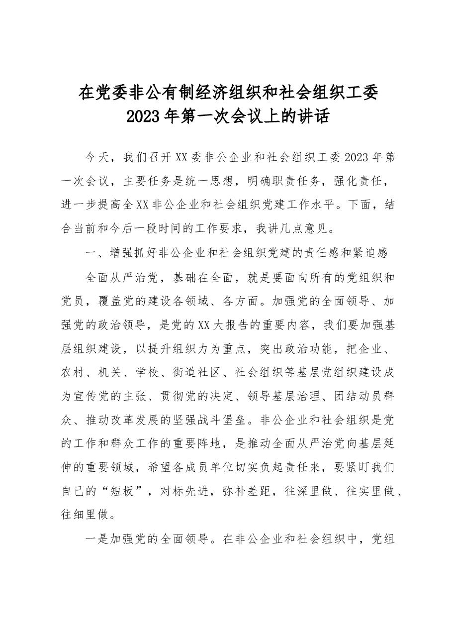 在党委非公有制经济组织和社会组织工委2023年第一次会议上的讲话.docx，第1页预览